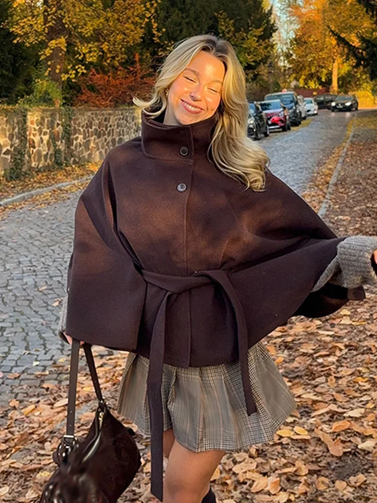 

Women's Autumn New Fashion Coats Solid High Collar Long Sleeves Belt Decorate Button Female Casual Chic Short Jackets 2025