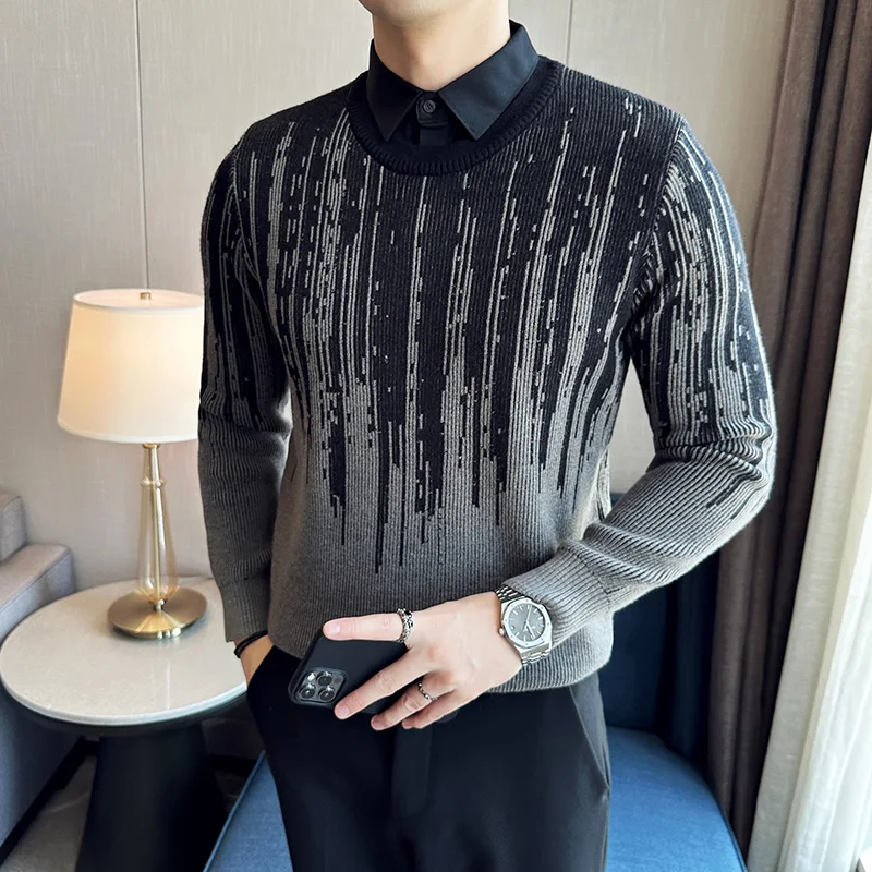 

Men Pullover Fake-2Pieces Shirt Collar Knitted Sweater 2023 Autumn Winter Warm Thickened Jacquard Knitted Pullover Men Clothing