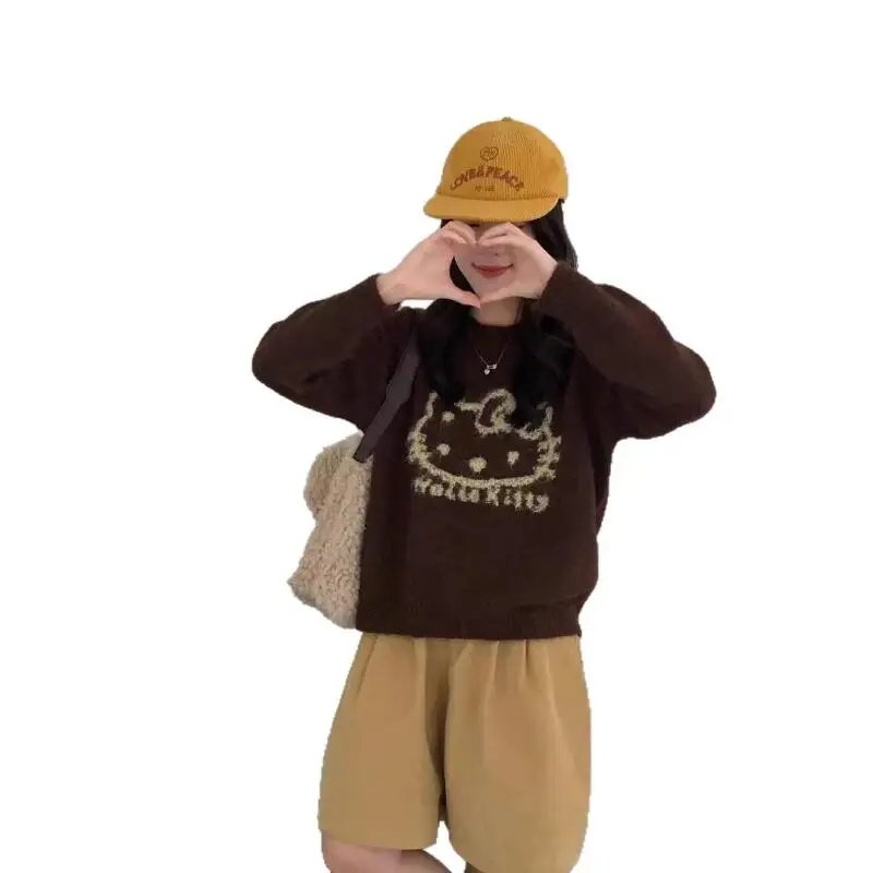 เสื้อสเวตเตอร์การ์ตูนลายคิตตี้สำหรับผู้หญิง ฤดูหนาว ลายแจ็คการ์ด ทรงโอเวอร์ไซส์ สีครีม สไตล์วินเทจ เนื้อผ้านุ่มสบาย แฟชั่น