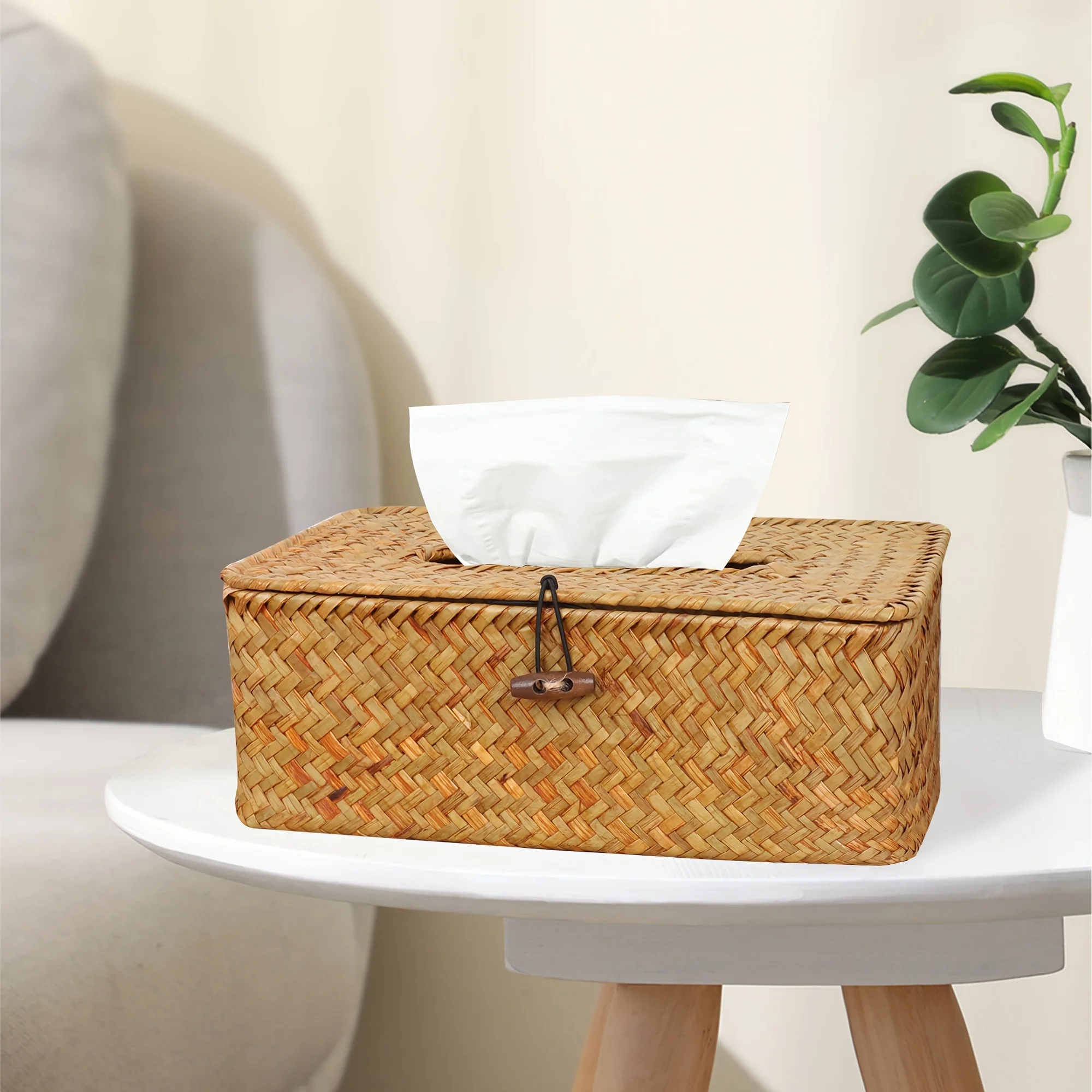 

Wicker Tissue Box Cover - Square Napkin Dispenser With Lid For Bathroom, Living Room & Bedroom Decor