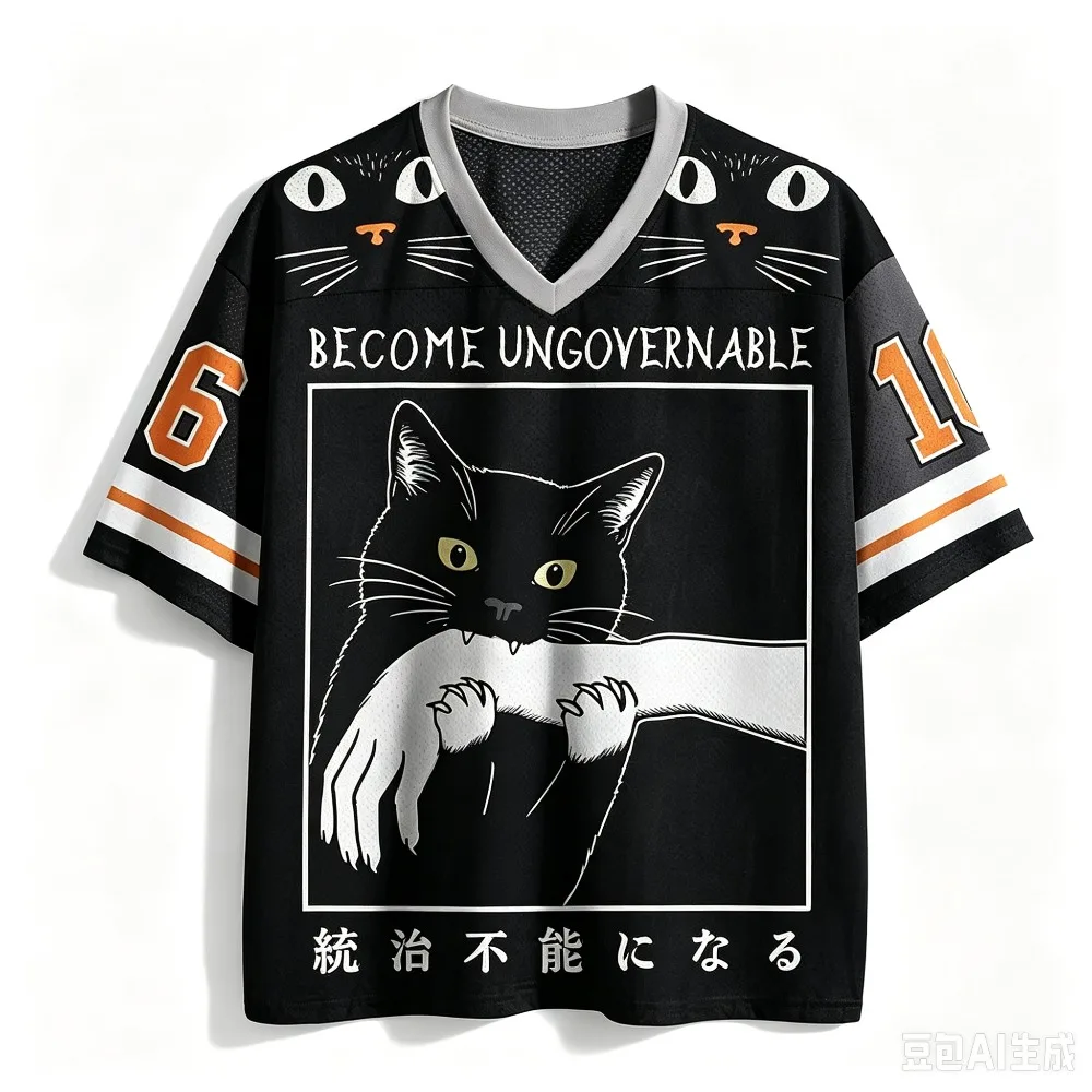 Erwachsenen- und Kinder-Version des 3D-gedruckten Sport-T-Shirts „Rebellious Black Cat“ mit dem Vintage-Bestseller-Design „Uncontrollable“ und V-Ausschnitt und kurzen Ärmeln – Detail 8