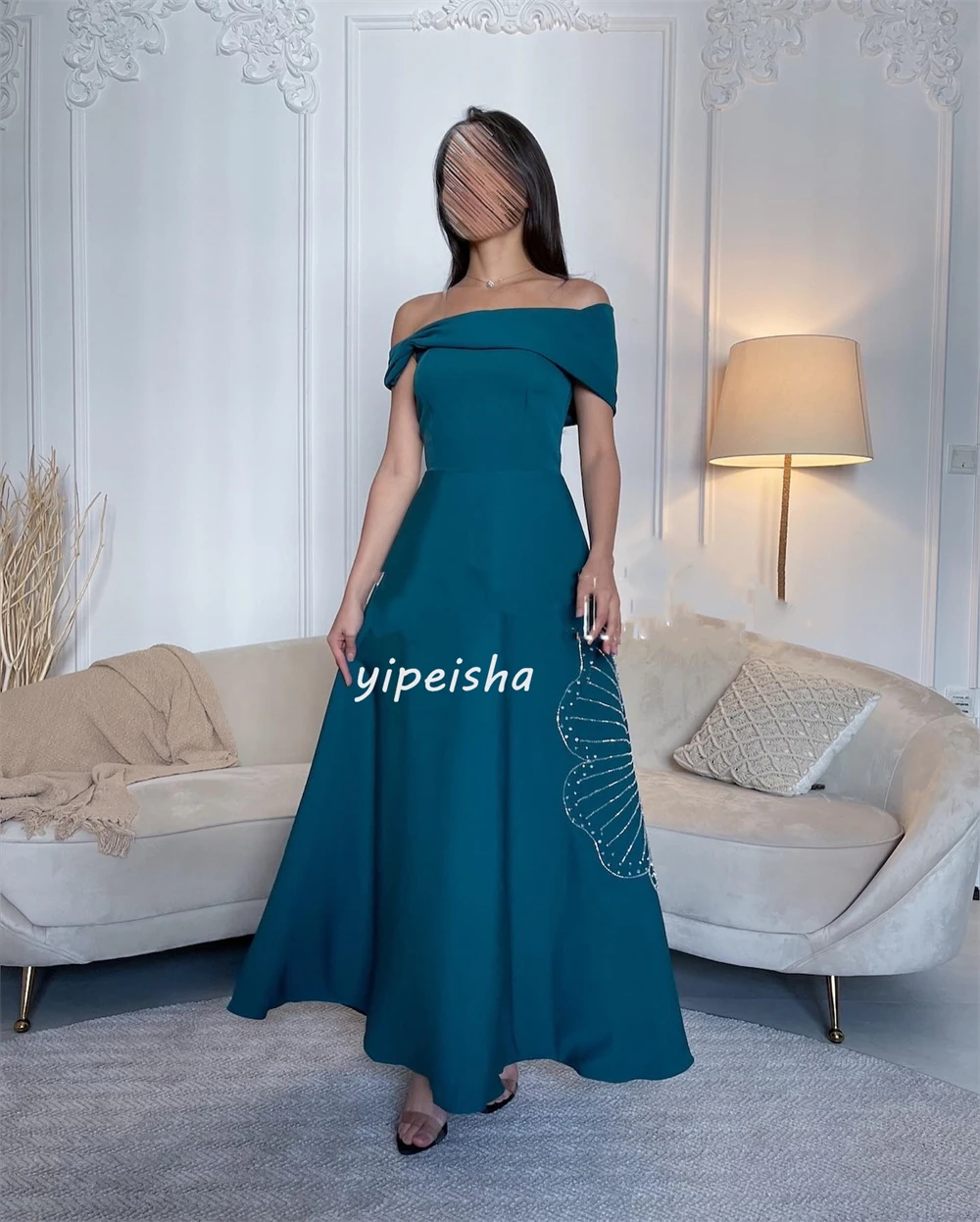 Maßgeschneiderte elegante Jersey-Pailletten, Blumen, gerüscht, A-Linie, schulterfrei, Midi-Kleider, Quinceanera-Kleider, exquisit, hohe Qualität