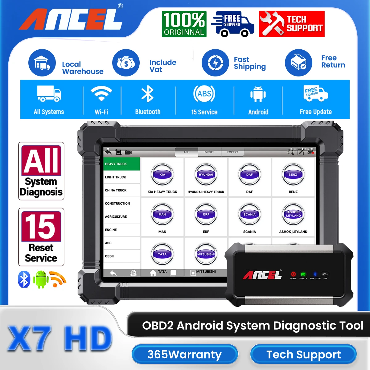 ANCEL X7 HD Heavy Duty Truck OBD2 Diagnostic Tool TPMS DPF Regen ABS SAS ECU Oil Reset Full System OBDII Truck Cars Scanner