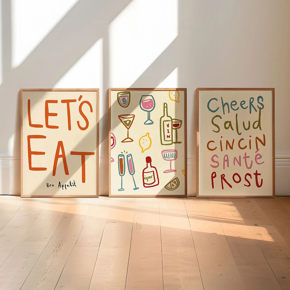1pc frameless Canvas Painting Dining Prints Colourful Cheers Retro Wall Art Canvas Painting Kitchen Aesthetic Wine Quote Wall Pi