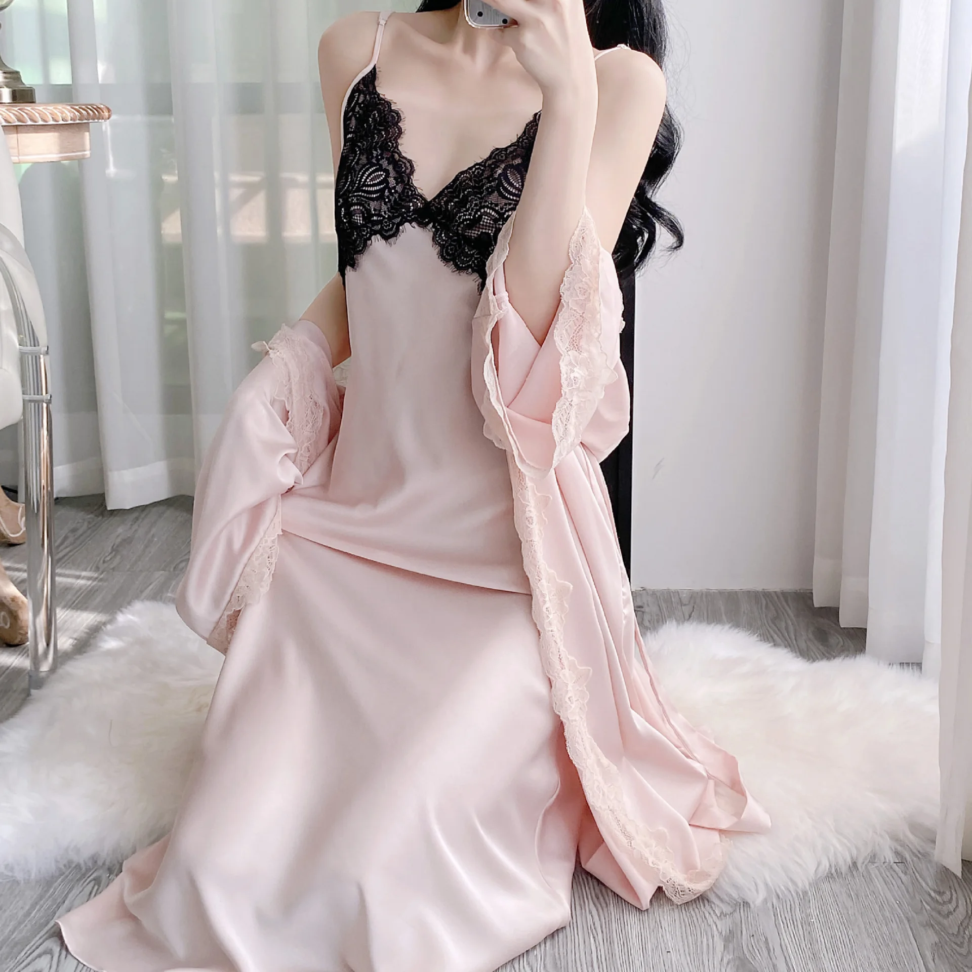 

Pink Silk Satin Nighty&Robe Set Nightgown Sexy Lace Backless Nightdress Lingerie Loose Long Kimono Bathrobe Gown Home Dress