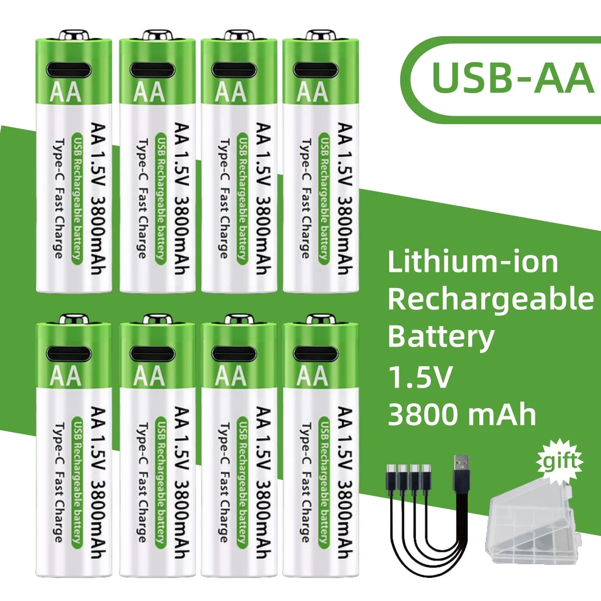 2026 New Li-ion AA Rechargeable Batteries 3800mAh USB Charging 1.5V High Capacity + Data Cable and Storage Box Lasting Hotsale