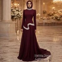 Vestido de Noche Borgoña Modesto, Personalizado, Cuello Alto, Mangas Largas, Pedrería de Cristal, Cola Larga, Vestido de Fiesta Estilo Saudí
