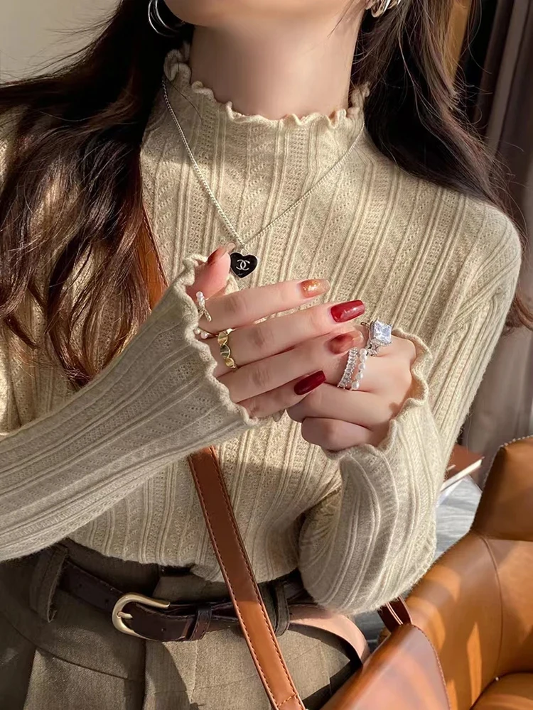 

New Women's Autumn and Winter Solid Color Ruffled Semi-turtleneck Long-sleeved Knitted Sweater Casual Women's Knitted Pullovers