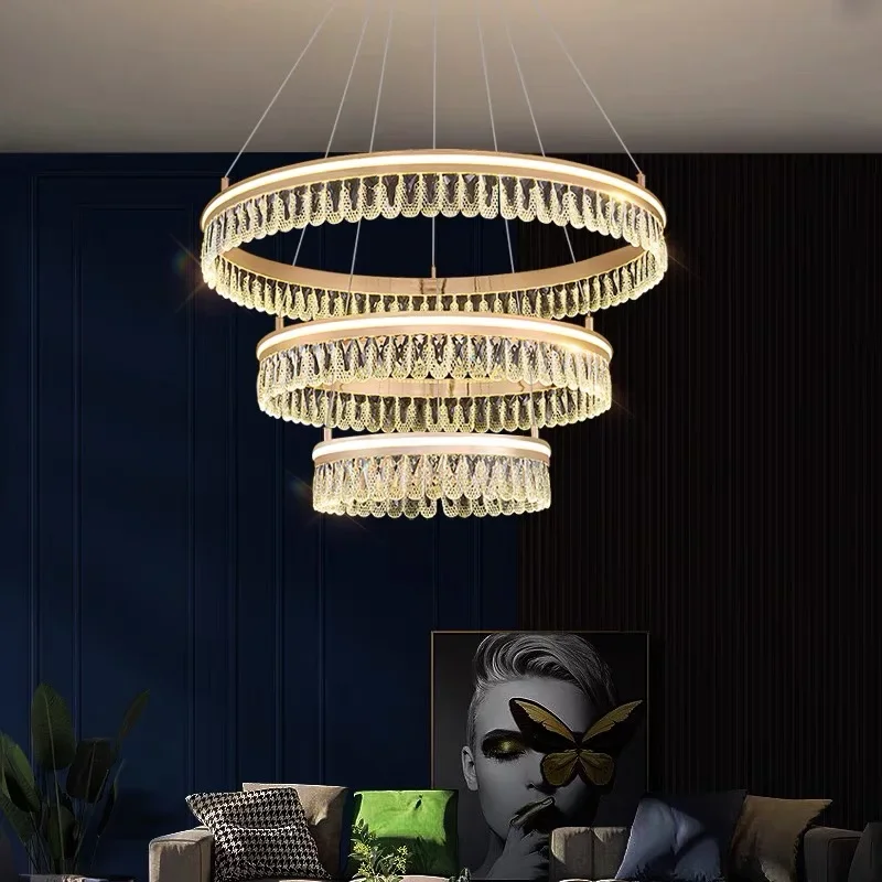 Modern K9 Crystal Chandelier Ring Hanging Light Circle Pandent Lamp Stair Villa Hanging Light Lamps for Living Room Ring Light