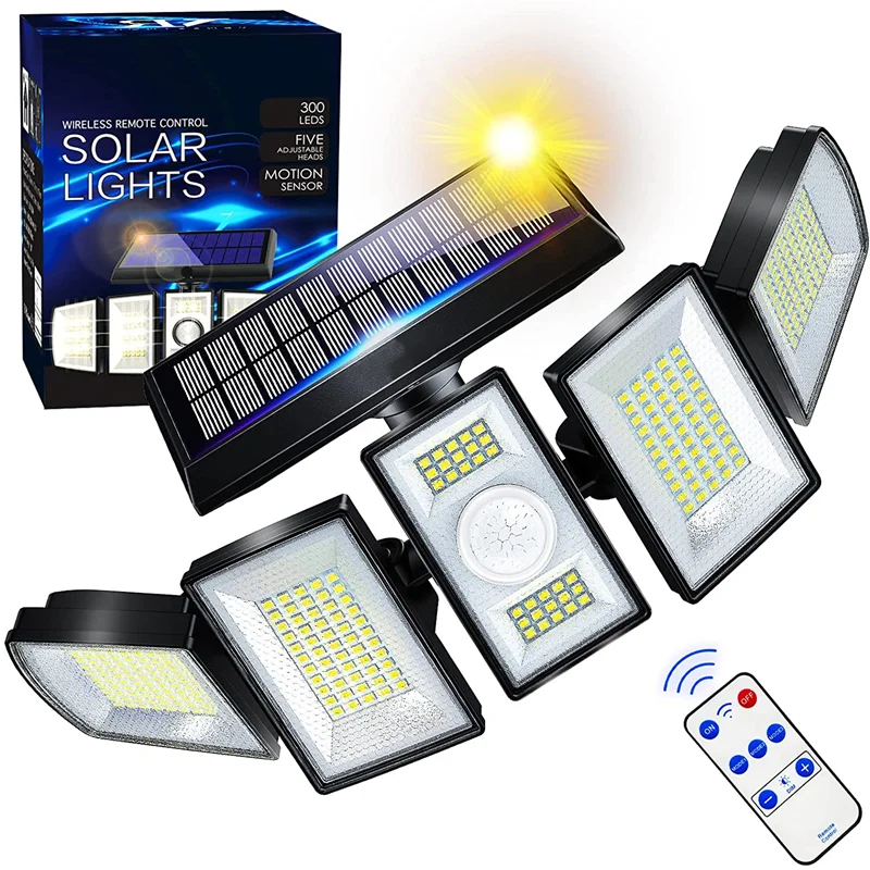 Solar Lights Outdoor Motion Sensor 300 LED 7000K 5 Levels Brightness 3 Lighting Modes 360° Angle Waterproof Security Flood Light