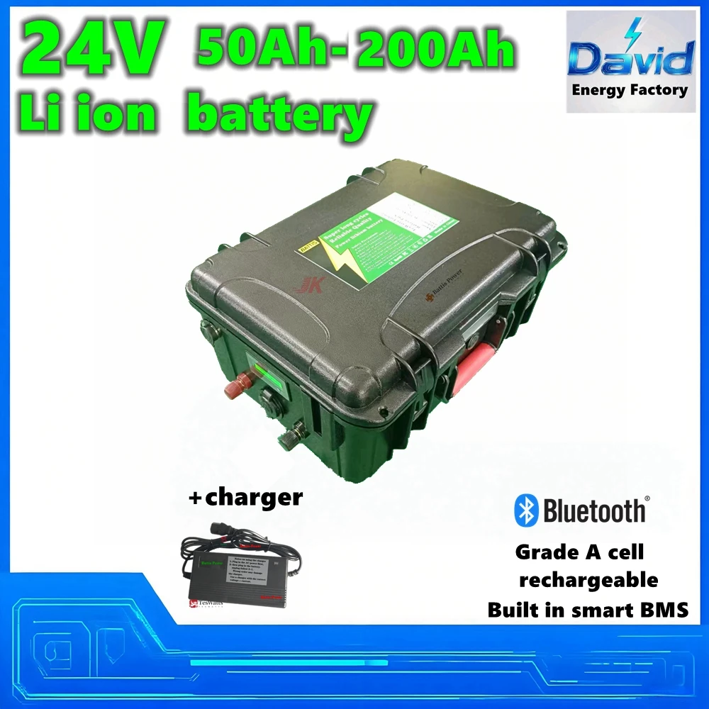 24V 50Ah-200Ah Li-ion Battery Grade A Cell Bluetooth BMS Waterproof Case Lithium Battery Pack for Trolling Motor RV Outdoor