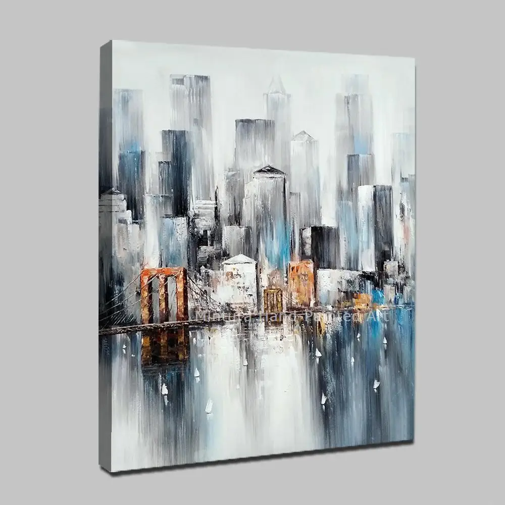 Mintura,Artwork Large Handpainted New York Bridge Landscape Oil Paintings On Canvas,Wall Arts Pictures Office Dinning Home Decor