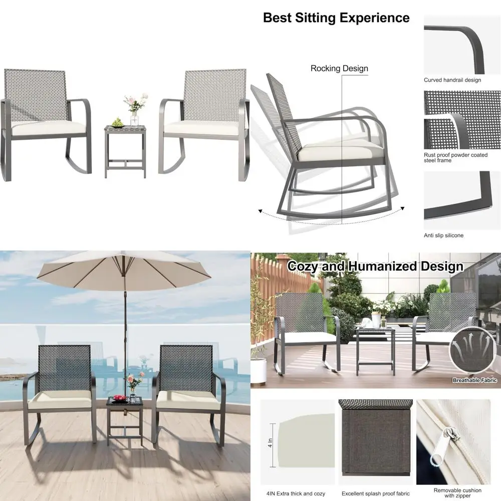 

3 Piece Rattan Patio Bistro Set, Wicker Conversation Set with Coffee Table, for Porch Backyard Balcony Patio, Black Frame (White