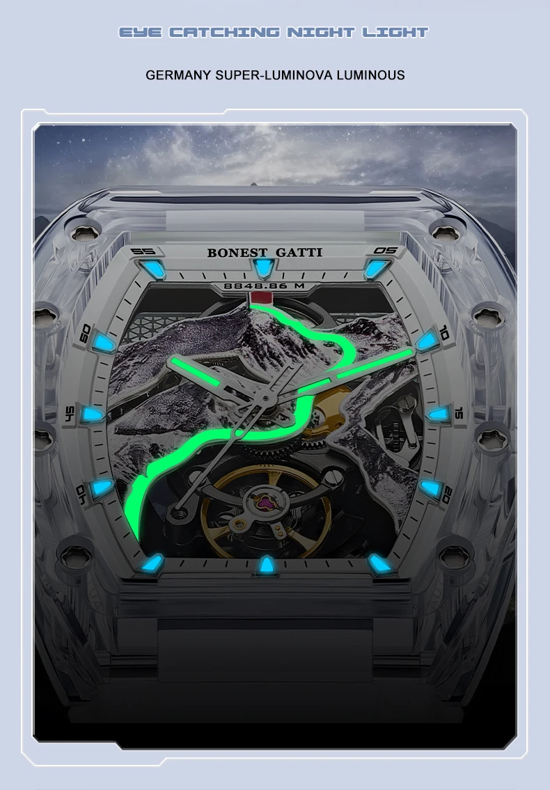 BONEST GATTI Men Automatic Watch Tonneau Mechanical Wristwatch Crystal Case Sapphire Luminous Fluororubber Strap 3D Mount Everes