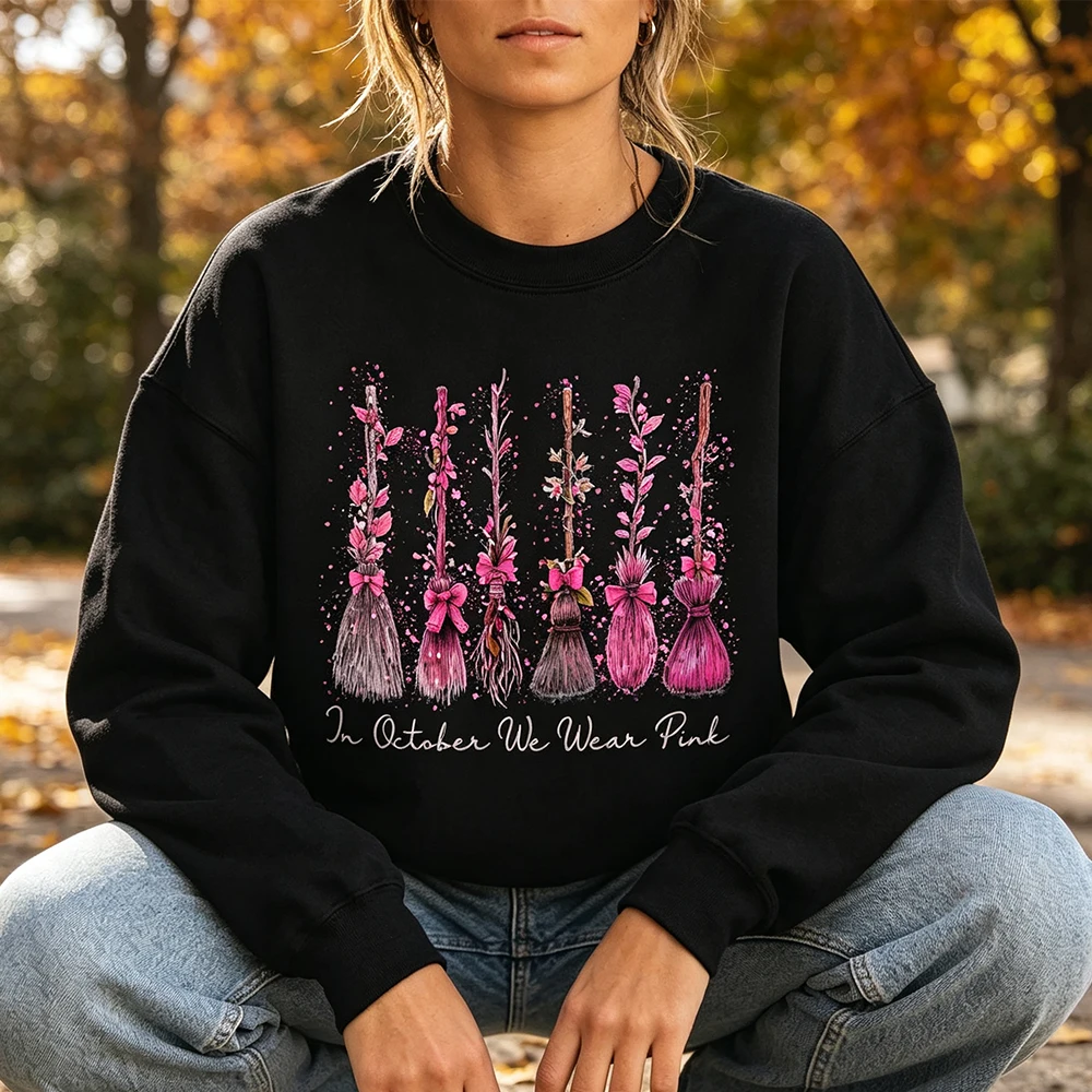 In October We Wear Pink Sweatshirt Pink Ribbon Awareness Hoodie Halloween Witch Broom Pullover, October Pink Day Support Gift