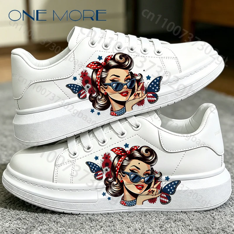 2026 Women's Platform Sneakers American Flag Girl Butterfly Sunflower Print Casual Lace Up Skate Shoes Fashion Footwear