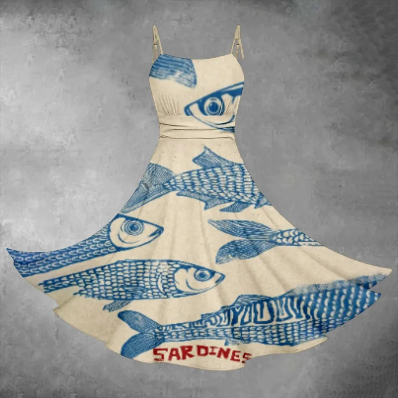 Retro Luxury Dresses Casual Loose Spaghetti Strap Sardines Printed Long Skirts Fashion Streetwear Style High Waist Dresses - Image 2