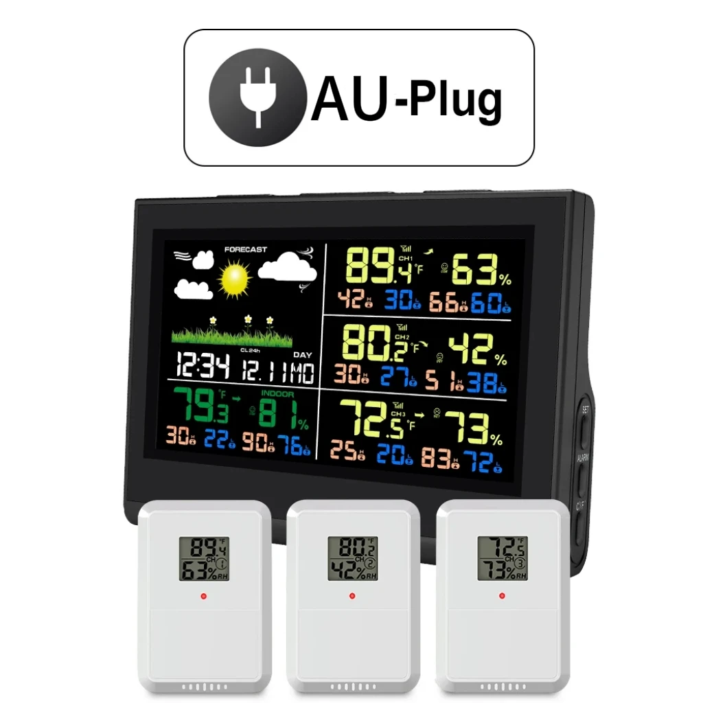 Slim draadloos weerstation met 3-sensoren Groot kleurendisplay Binnen Buiten Digitale thermometer Hygrometer voor thuiskantoor - afbeelding 1
