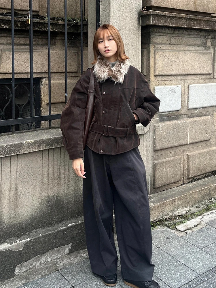 

Американское ретро ort Jaet, женское зимнее новое пальто с меховым воротником и завязкой на талии, теплый длинный топ из полиэфирного волокна