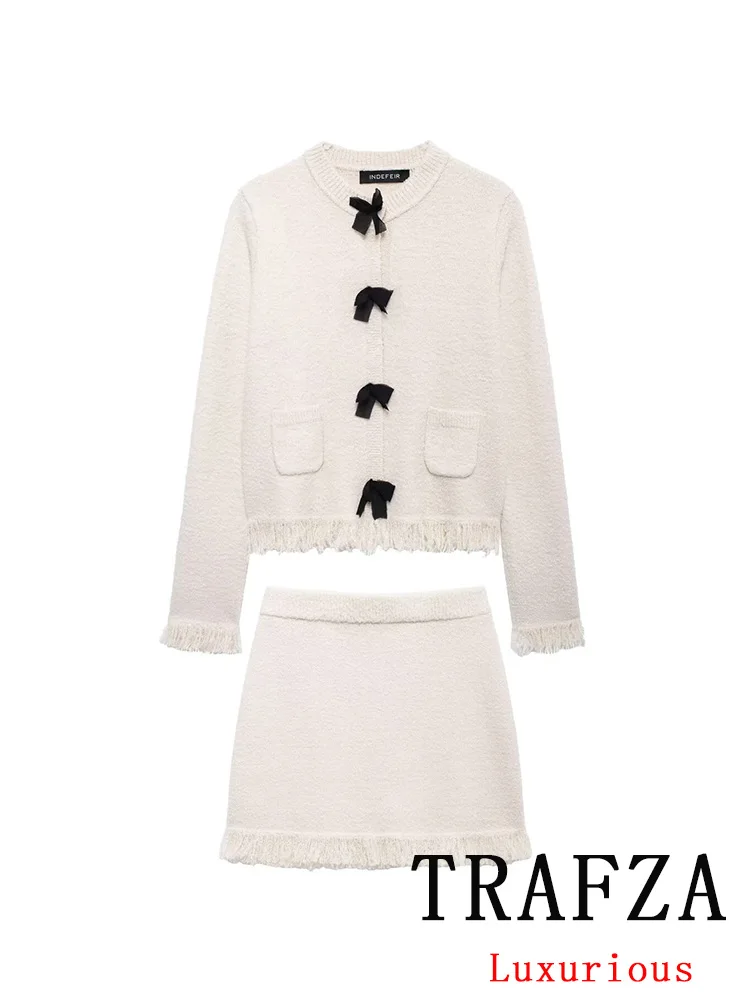 TRAFZA Vintage Chic Solid Women Suit O-Neck Single Breasted Knitted Cardigan Straight Mini Skirt Fashion 2024 Autumn Winter Suit