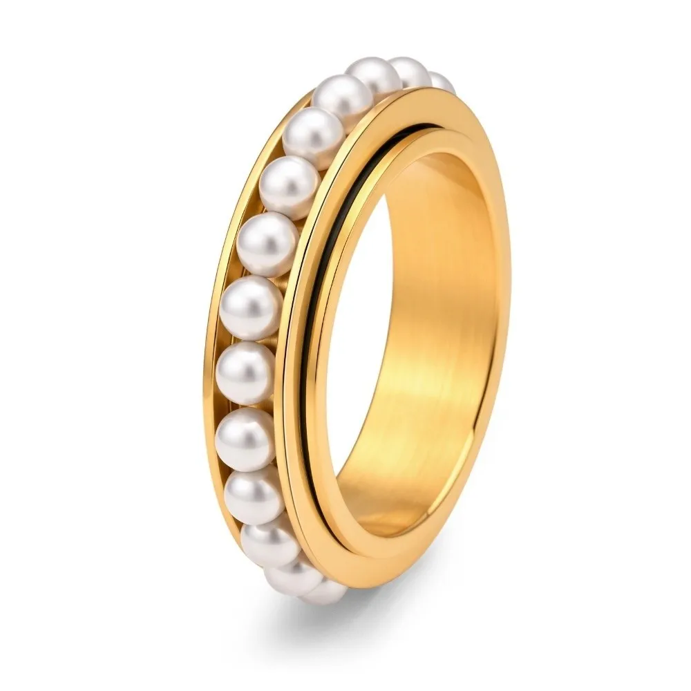 Stainless Steel Spinner Ring 6mm Width Imitation Pearl Stackable Ring Gold or Silver Polished Finish Wedding Band For Women