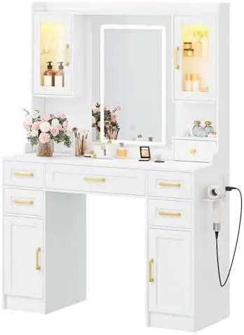 Vanity Desk with Mirror and LED Lights & Power Outlet | Large Makeup Vanity Table with 5 Drawers and 4 Storage