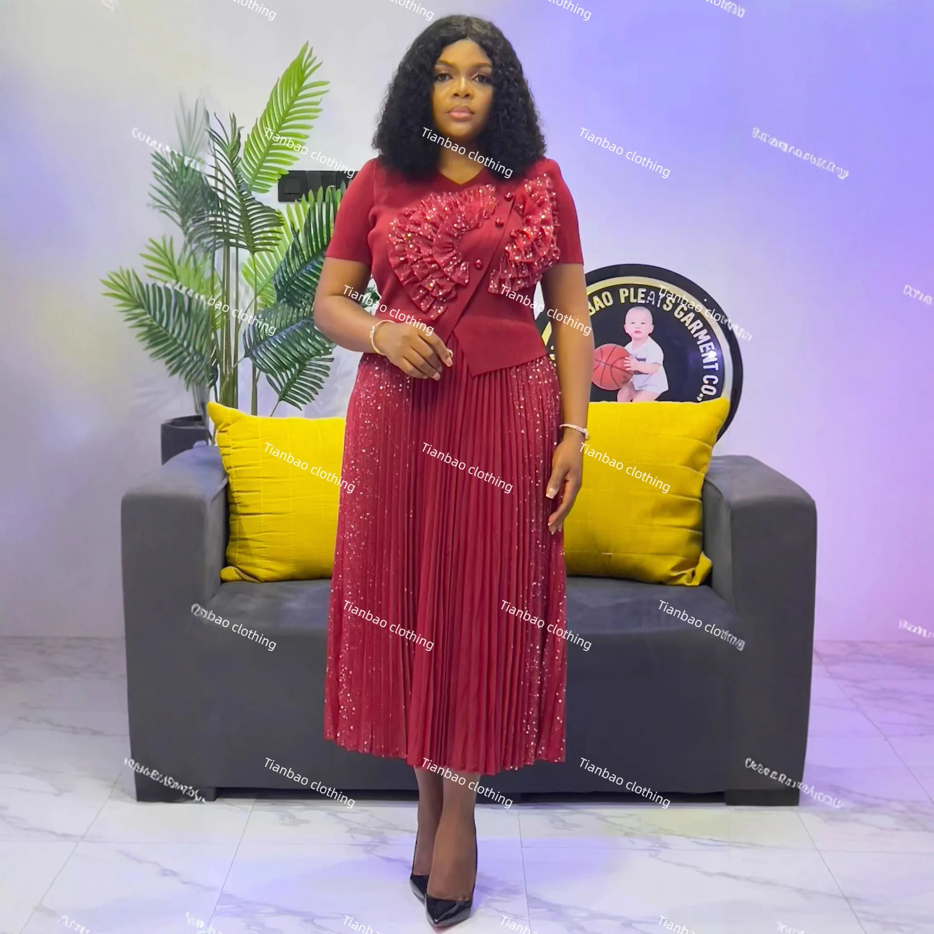 مياكي بالجملة خريف 2025 فستان جديد برونزي مكرنك يدويًا بأكمام قصيرة فستان نسائي كبير فضفاض متوسط وطويل #3