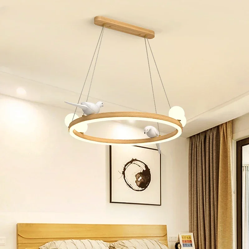 Wire Hanging Round LED Chandelier With White Birds For Living Room Postmodern Foyer Lustres Suspension Dining Lighting Fixtures