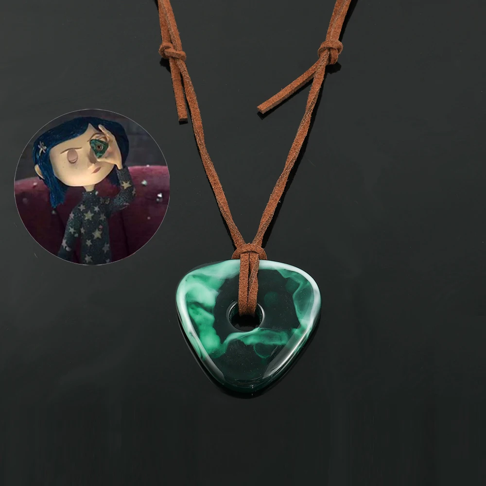 Classic Movie Coraline Seeing Stone Pendant Necklace Green Stone Handmade Rope Chain Necklace Coraline Jewelry for Women Man