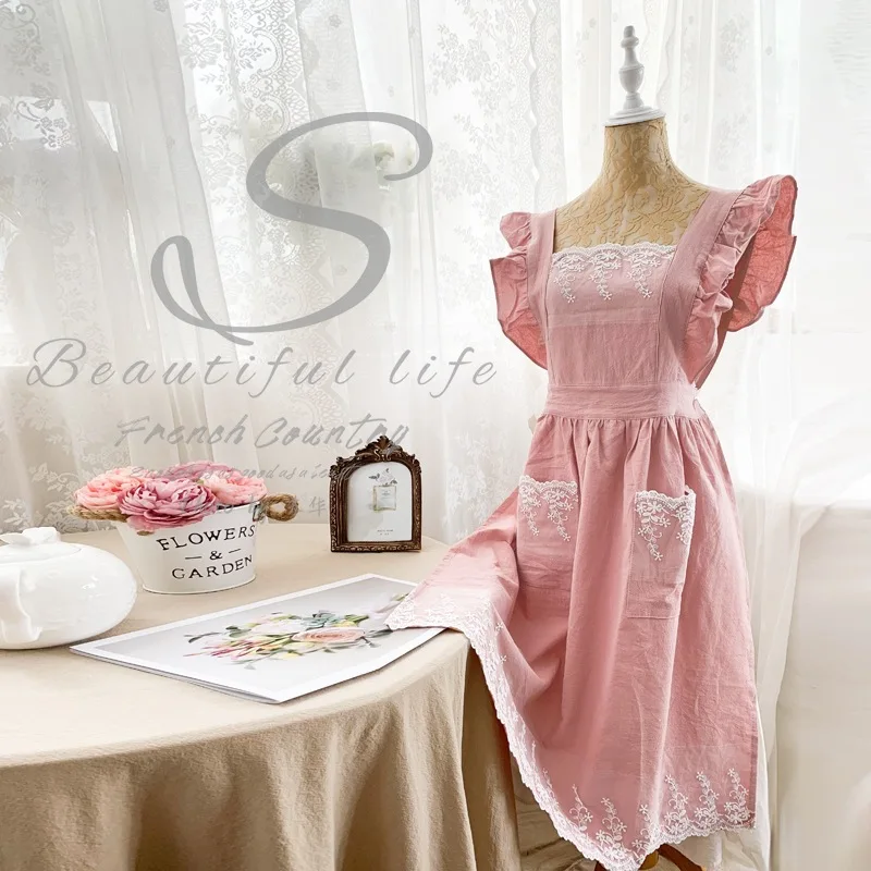 1pc Lace Apron Ruffle Design Cotton Aprons for Home Garden Flower Shop Princess Style Beige Pink Dark Green