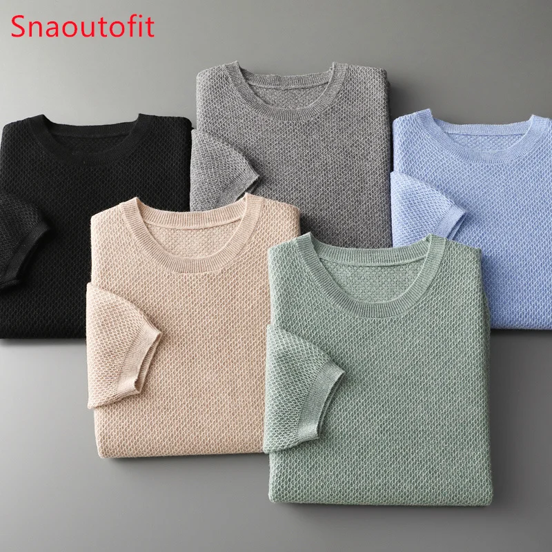 Spring and Summer Men\'s Short Sleeved Pure Wool Knitted T-Shirt O-neck Beehive Pullover for Men Success Business Casual Sweater