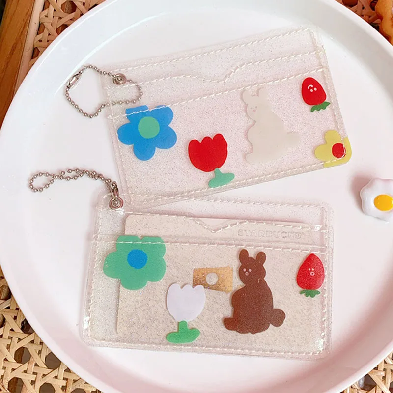 2Bits Cute Bear Rabbit Transparent Waterproof PVC Women Card Case Business Card Holder Girls Credit Card Bag ID Card Mini Wallet