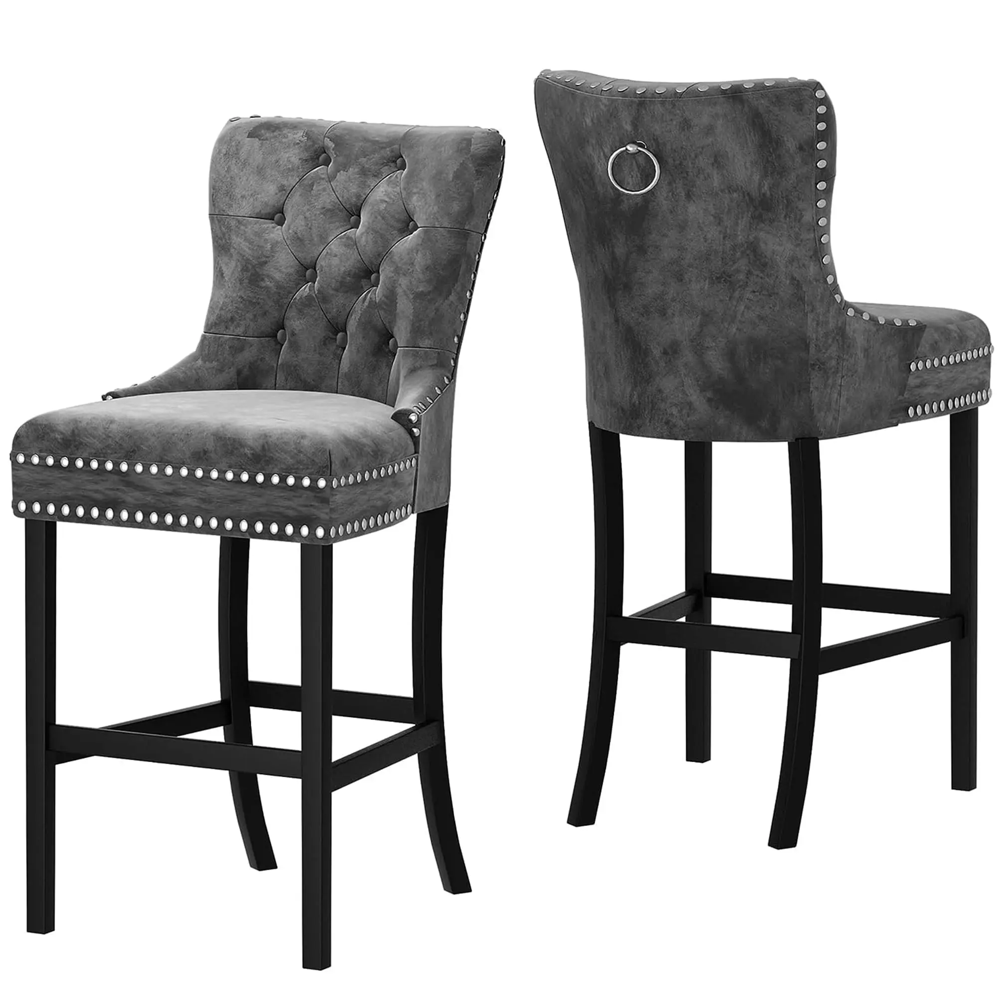 

Luxury 2 Piece Dark Grey Velvet Bar Stool Set 27" Counter Height Upholstered Tufted Bar Stools with Back for Home Bar Dining Roo
