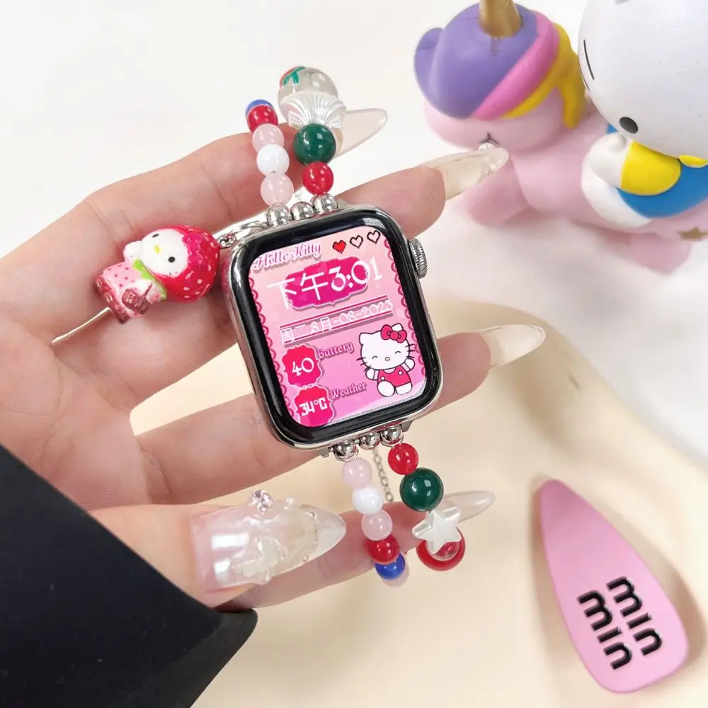 Hello Kitty ABS Beaded Bracelet Strap for iWatch 9 8 41/45mm Band SE 7 6 5 4 Wristband For iWatch 40/44mm Ultra 38/42 Girls Gift