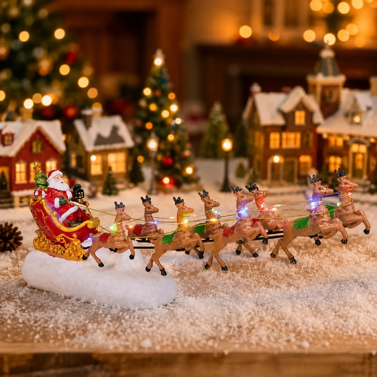 Weihnachtsmann-Schlitten und Rentier, LED-Licht, Weihnachtsdorf-Dekoration, Zubehör, beleuchtete Figuren für Ferienhaus, Innenornamente – Detail 2
