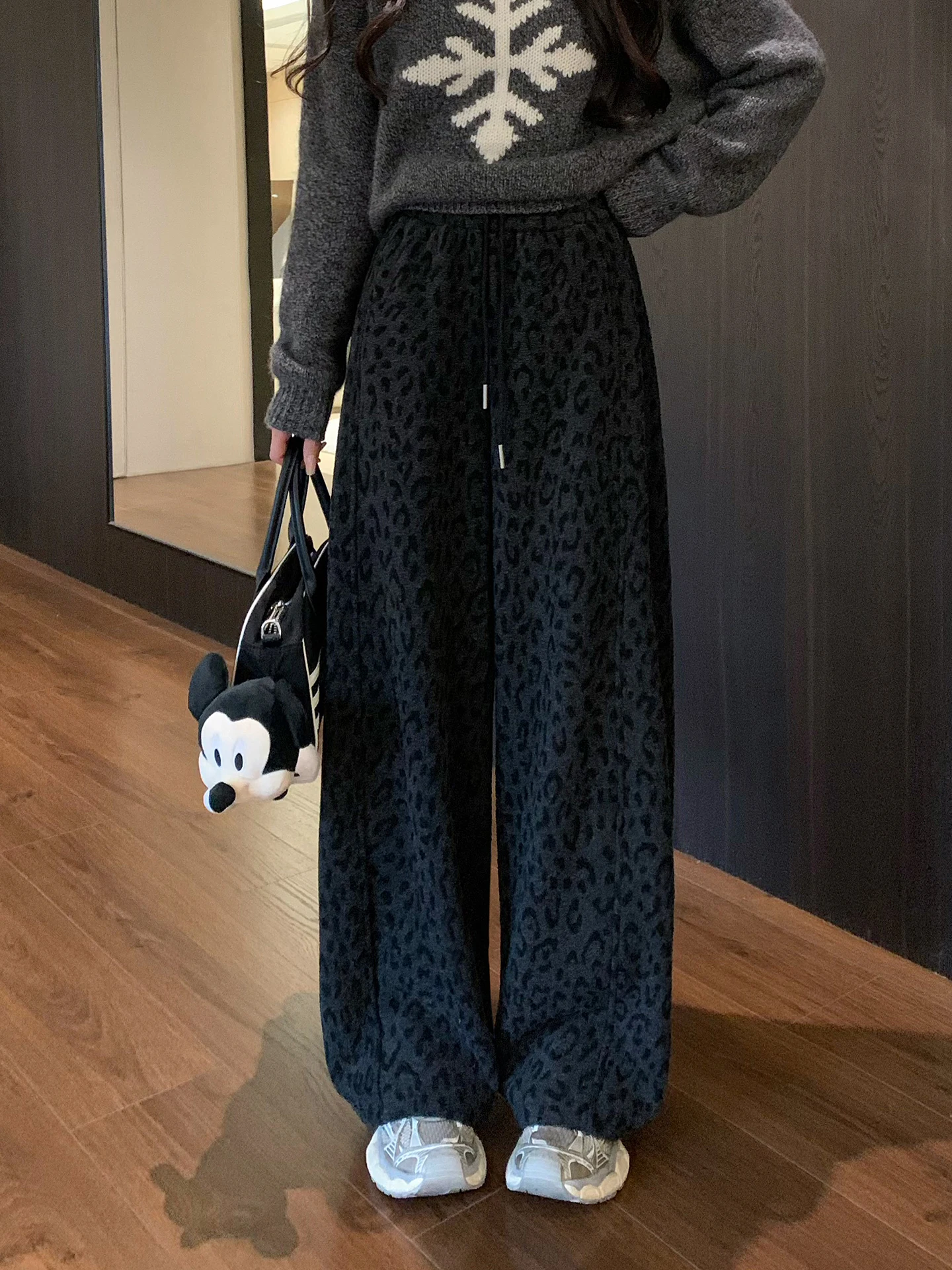 

Thiened Winter Leopard Print Casual Pants Women's Small Size Autumn Wide Leg Trousers Dstring Loose Fit Cotton Pants