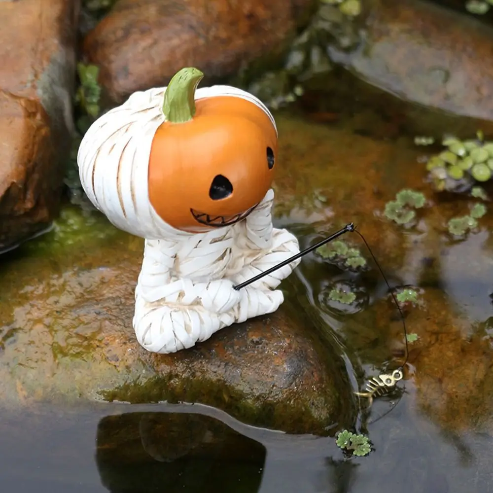 Resin Pumpkin Scarecrow Fishing Statue Cartoon Creative Pumpkin Elf Sculpture Waterproof Cute Miniatures Figurine Balcony