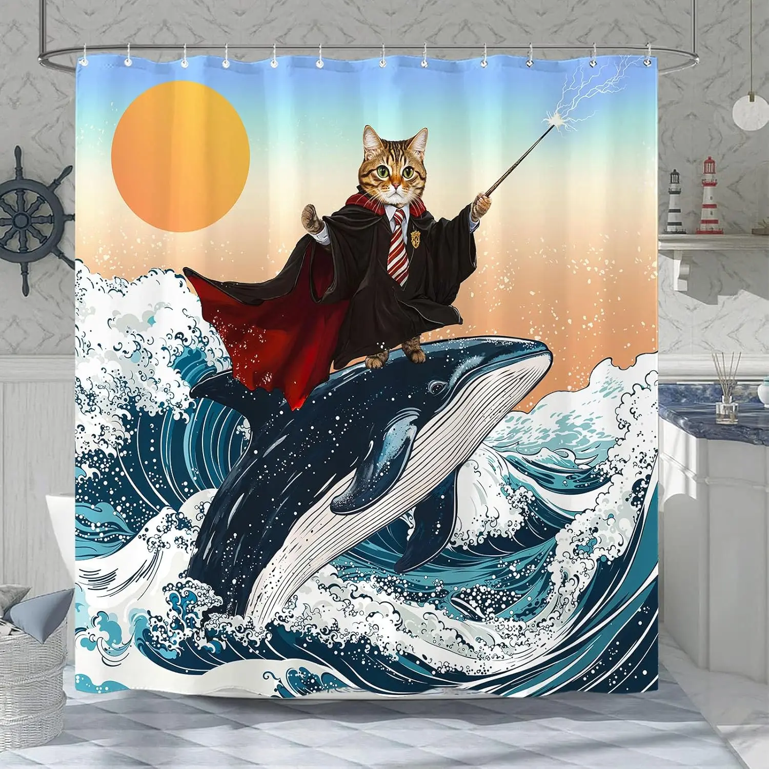 Magic Cat Riding Whale Shower Curtain Wizard Animal Print for Kids Bathroom Decor