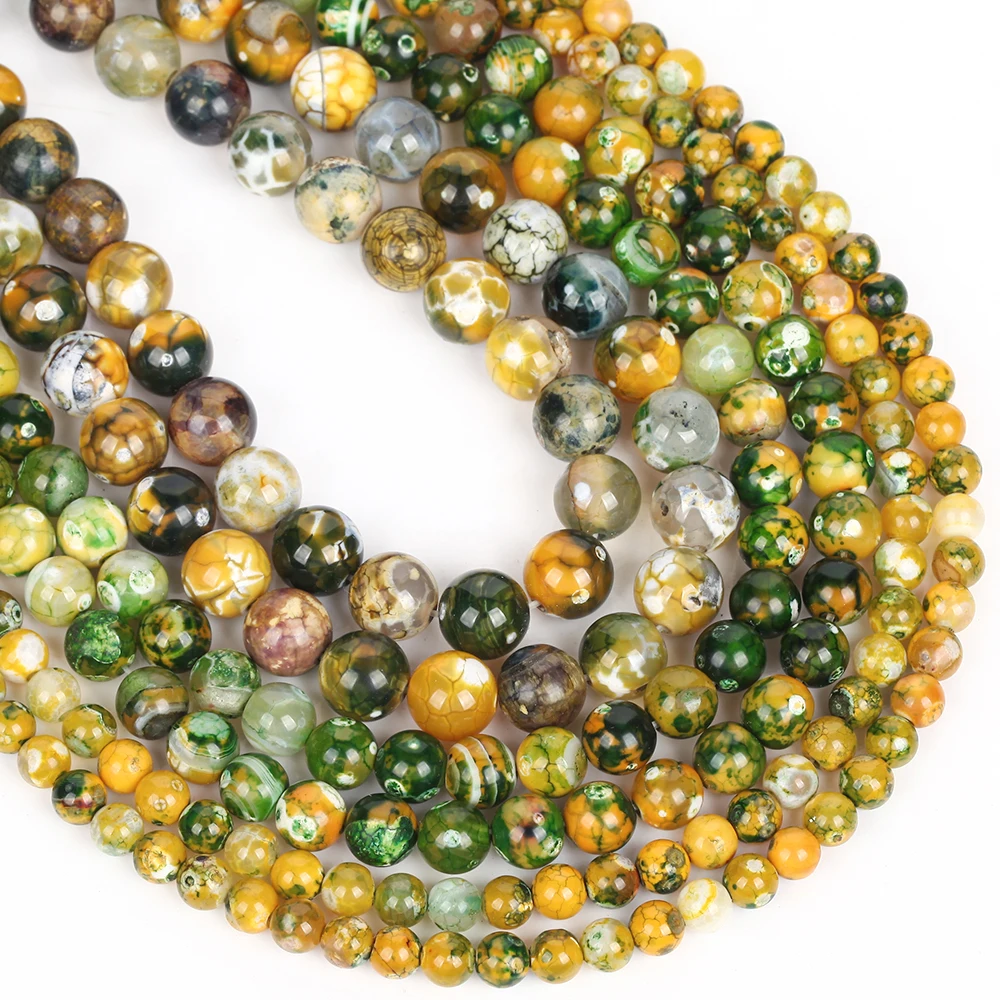 Natursteinperlen, 6–10 mm, gelbgrün, Feuerachat, rund, lose Abstandsperlen für die Schmuckherstellung, DIY-Armbänder, Ohrringe, Zubehör