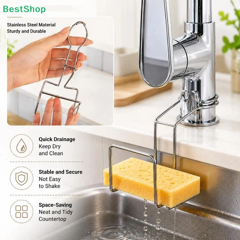 Stainless Steel Sink Sponge Drying Rack No-Drill Adjustable Hooks Kitchen Bathroom Cleaning Storage Organizer