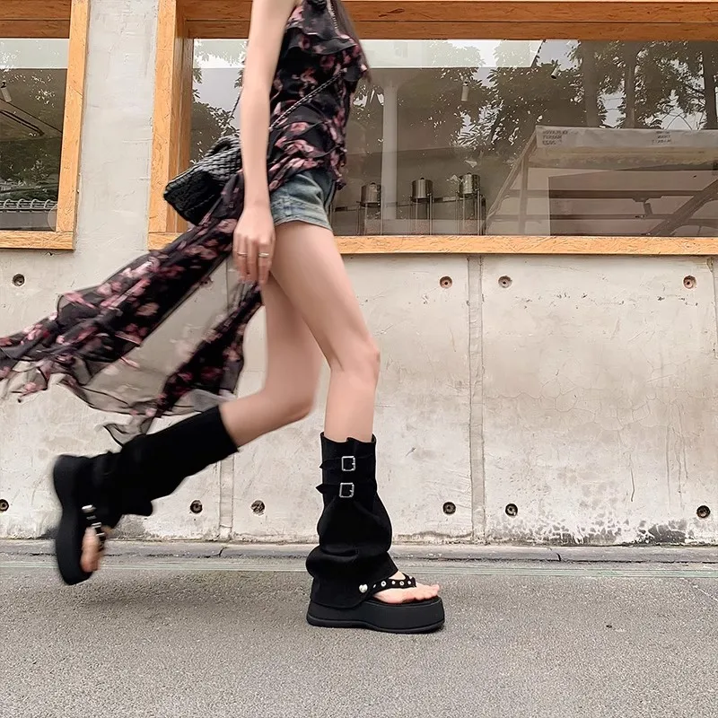 

Женские эластичные высокие сапоги с двусторонним носком, летние сандалии Thi Boted, ботильоны до середины икры в стиле ретро, крутые ботинки в римском стиле в стиле вестерн