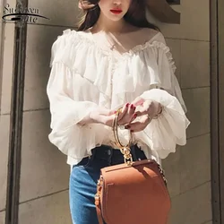 Dekolt w serek seksowne koszule damskie przepuszczalne Boho Mesh bluzka lato wzburzyć Flare rękaw eleganckie topy Peplum Ruffles panie Blusas 13459