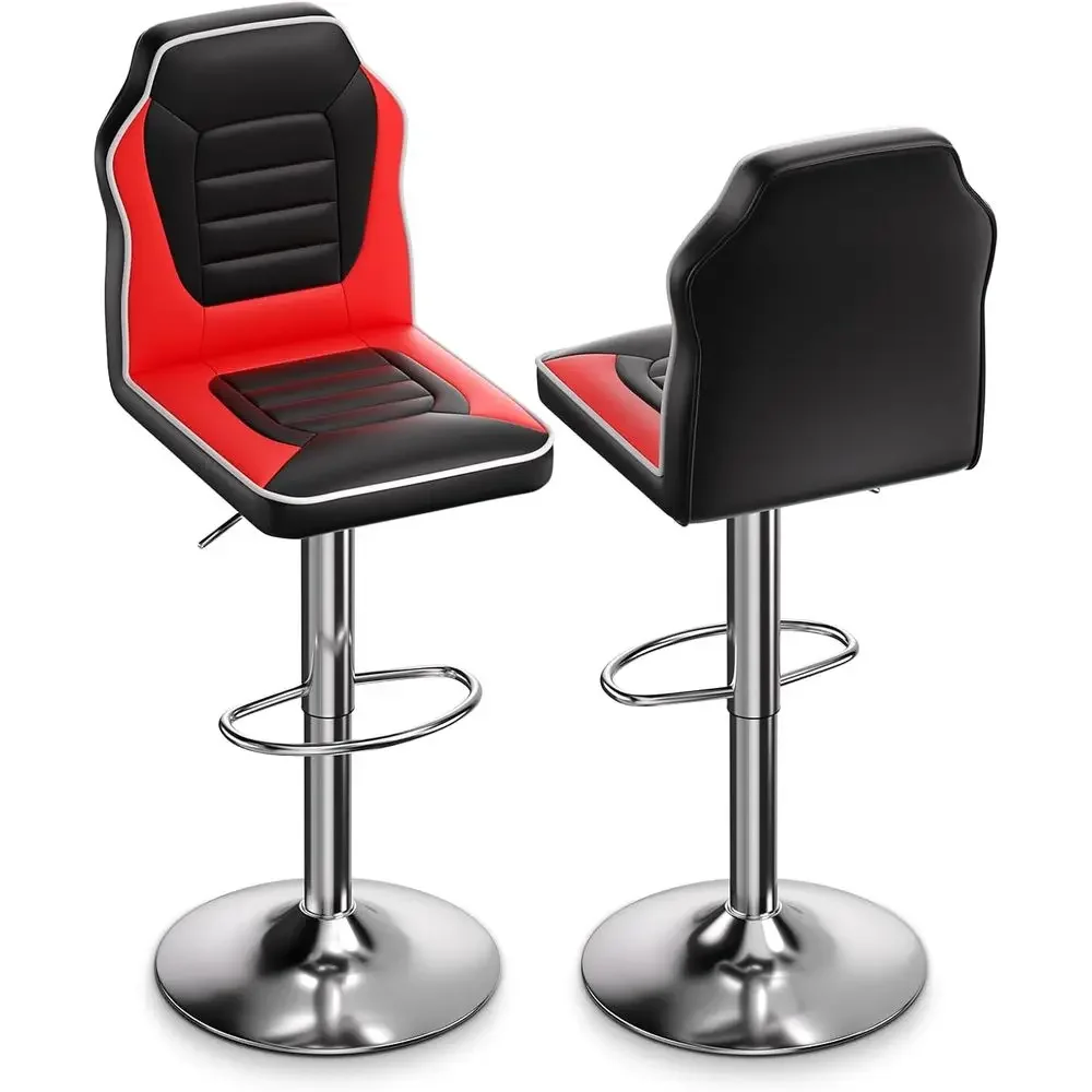 Set of 2 Adjustable Swivel Gaming Stools with Backrest and Footrest, Black/Red