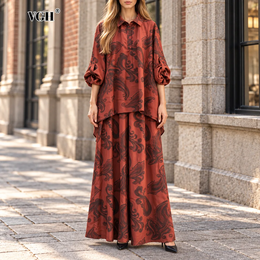 VGH Leisure Paisley Print Shirt Collar Roll Tab Long Sleeve 2 Piece Set for Women Loose Top Wide Leg Maxi Pants for Casual Wear