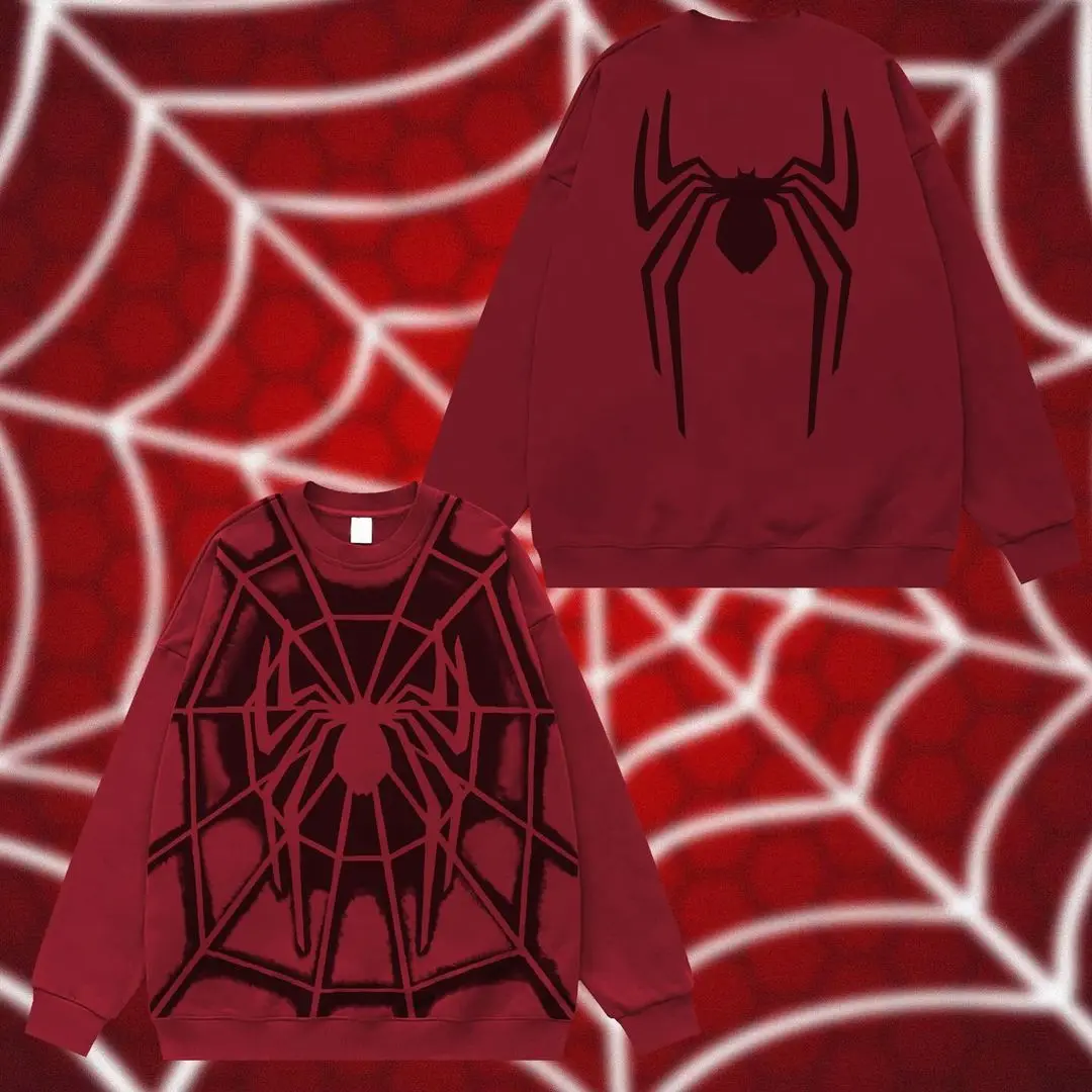 Y2k Millennium สไตล์ Crewneck รุ่นหลวม Hoodie บทคัดย่อ Spider Web พิมพ์ Crewneck เสื้อแขนยาว Hoodie เสื้อยืด