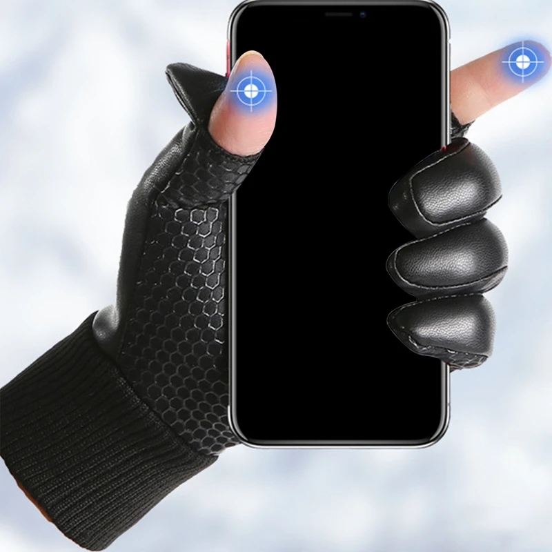 Motorbike Riding Cycling Gloves For Men PU Leather Fleece Lined Thermal Waterproof Touch Screen Full Finger Ski Warm Mittens view 4
