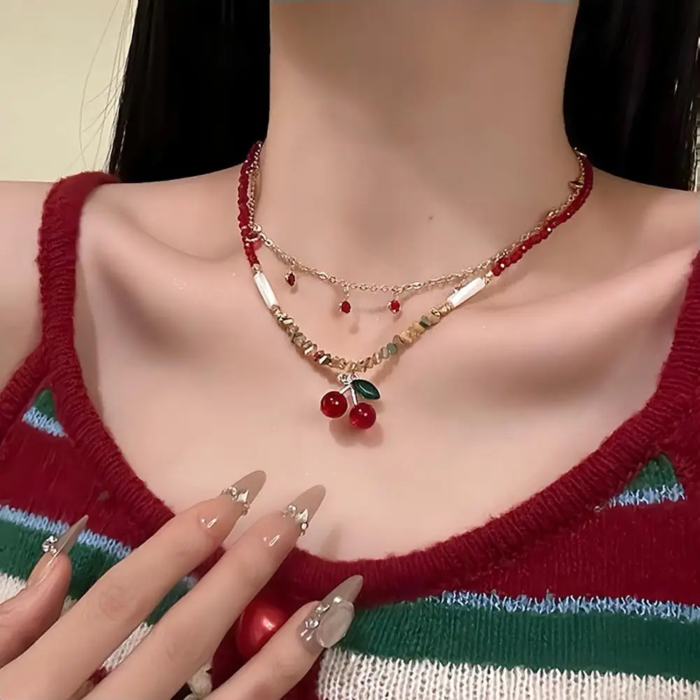 Red Cherry Dainty Necklace, Trendy Double Layer Slim Chain Choker, Feminine Beaded Pendant Gift For Women Teens