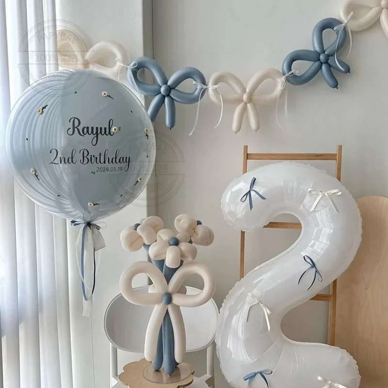 17pcs Blue Bow White Digital Foil Balloon Set Blue White Balloon for Wedding Birthday Anniversary Baby Shower Party Decoration