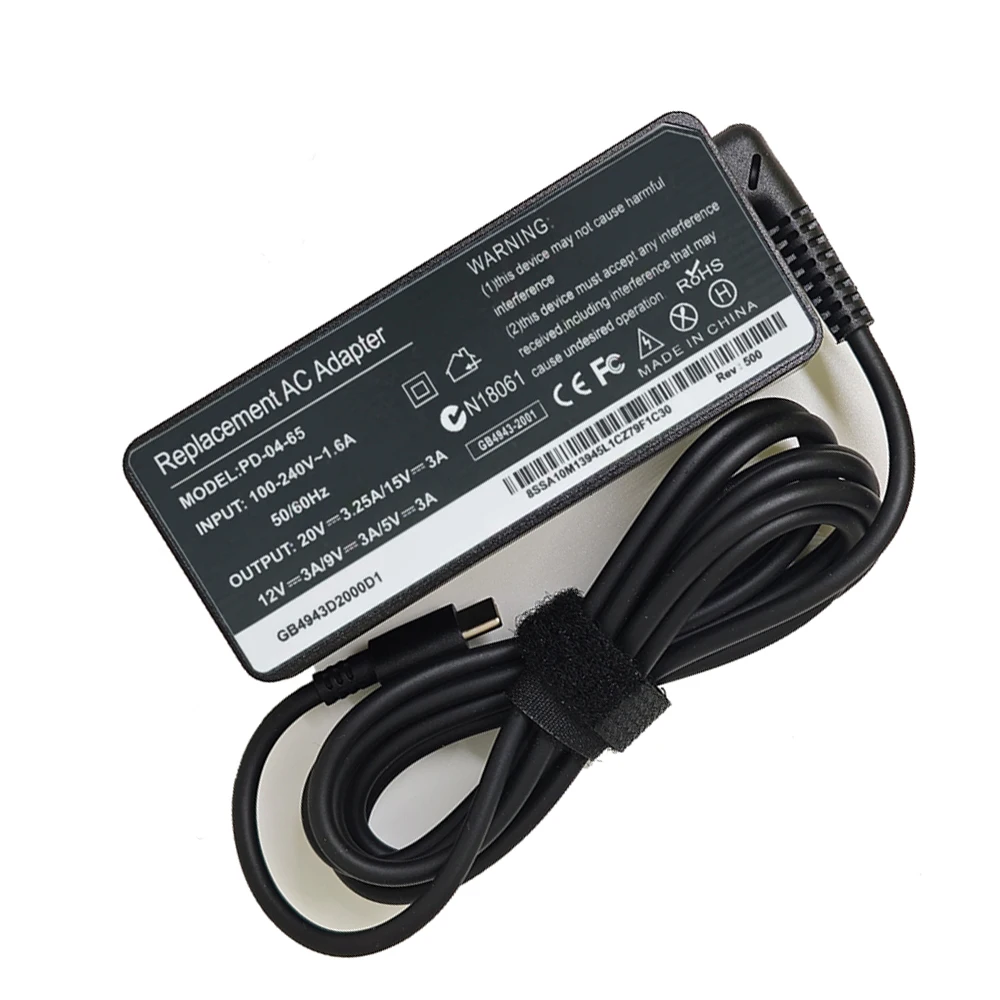 65W 20V 3.25A USB Type-C AC Laptop Power Adapter Charger For Lenovo Thinkpad X1 Carbon Yoga X270 X280 T580 P51 P52s E480 E470