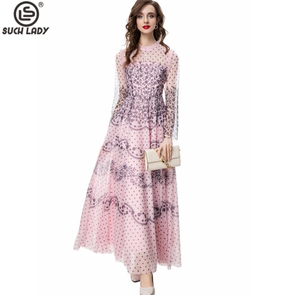 

Women's Runway Dresses O Neck Long Sleeves Printed Dots Elegant Designer Maxi Party Prom with Plus Sizes